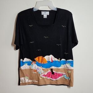 Lisa International Beach Scene Black Tan Women's Top Vintage Casual Medium